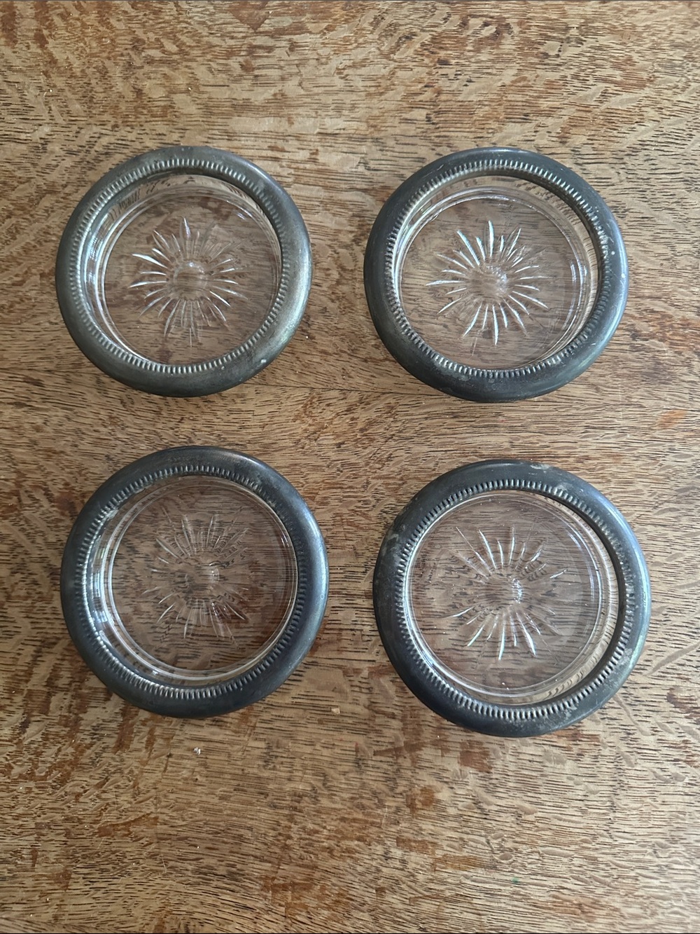 Set of 4 Vintage Round Glass Coasters with Silver-Tone Rim